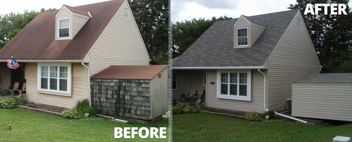 A before and after of Sideing Restoration